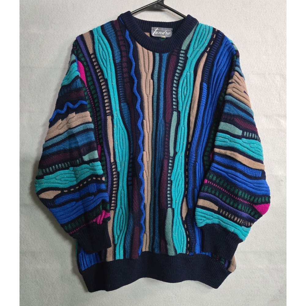 Tundra Canada Vintage 3D Knit Sweater Crewneck Coogi Style Abstract Colorful SM